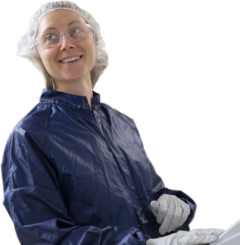 woman wearing cleanroom suit